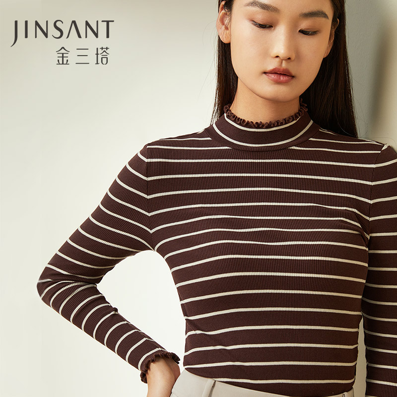 桑蚕丝棉氨纶混纺条纹打底加绒半高领保暖上衣内衣秋衣打底衫长袖