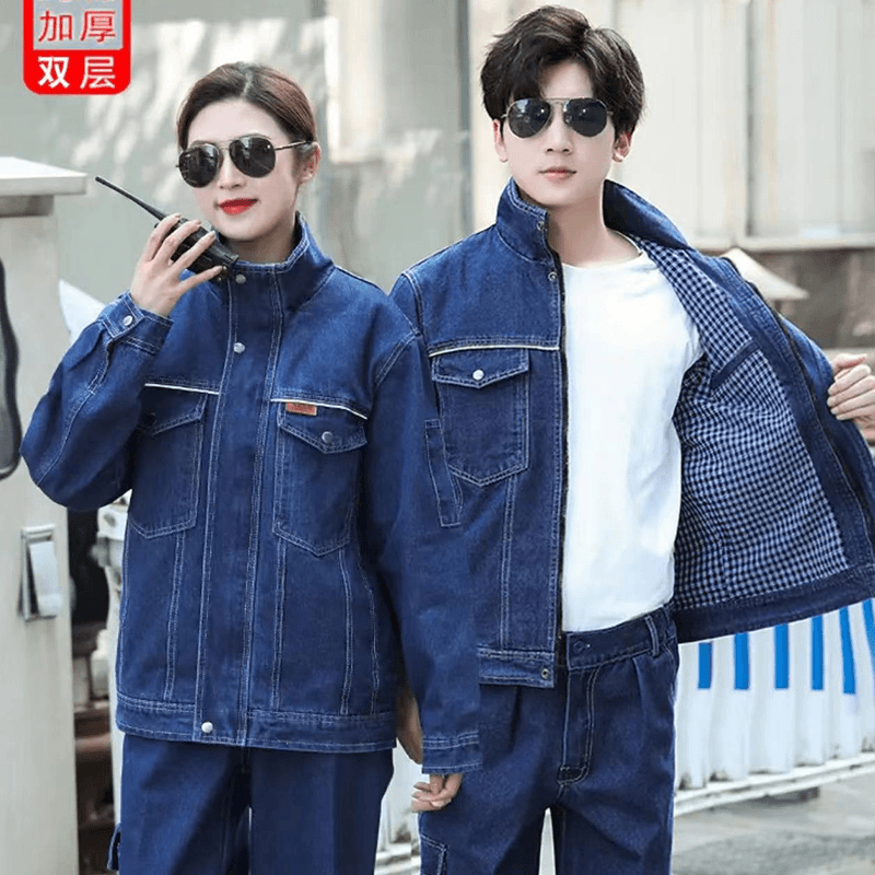 双层加厚立领牛仔工作服套装男耐磨防烫劳保服电工电焊工汽修工装