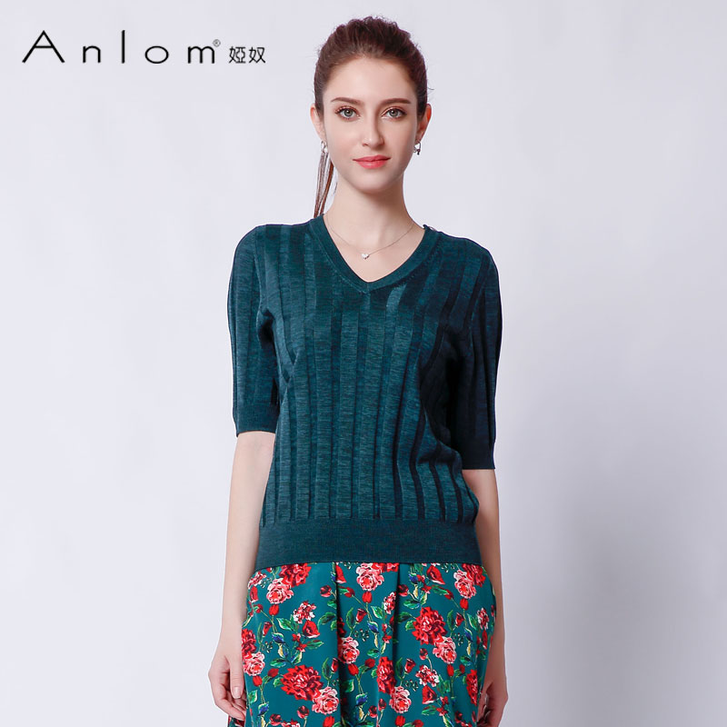 Anlom/娅奴春夏v领套头百搭时尚半袖气质条纹财阀千金女装0317236