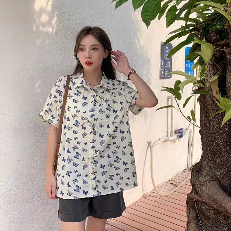 蓝色系带碎花短袖衬衫女春夏2023新款宽松设计感小众印花上衣夏季