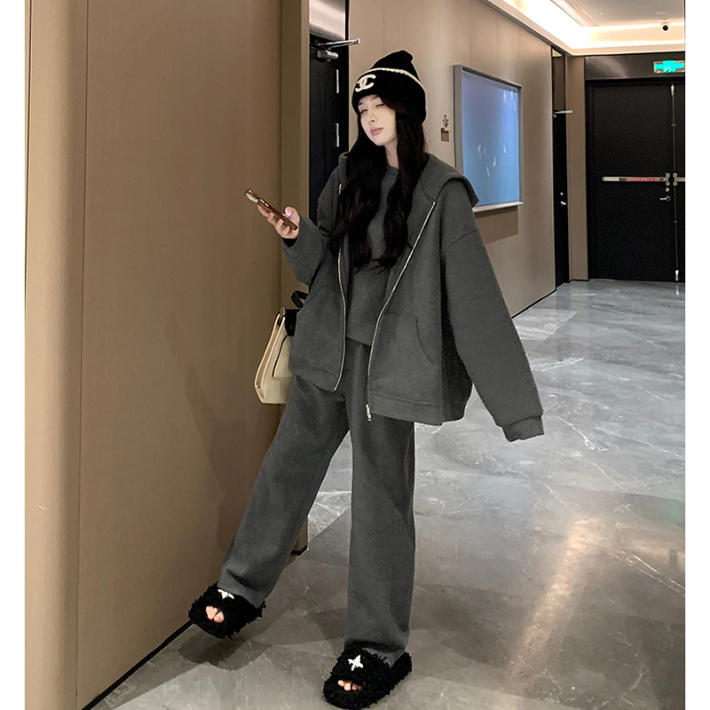 秋冬季摇粒绒灰色外套圆领长袖卫衣高腰阔腿裤子运动时尚休闲套装
