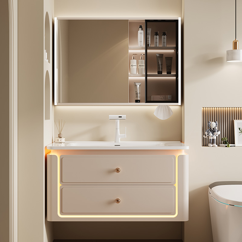 奶油风全桉实木陶瓷浴室柜卫生间洗手盆洗脸盆柜组合洗手台洗漱台