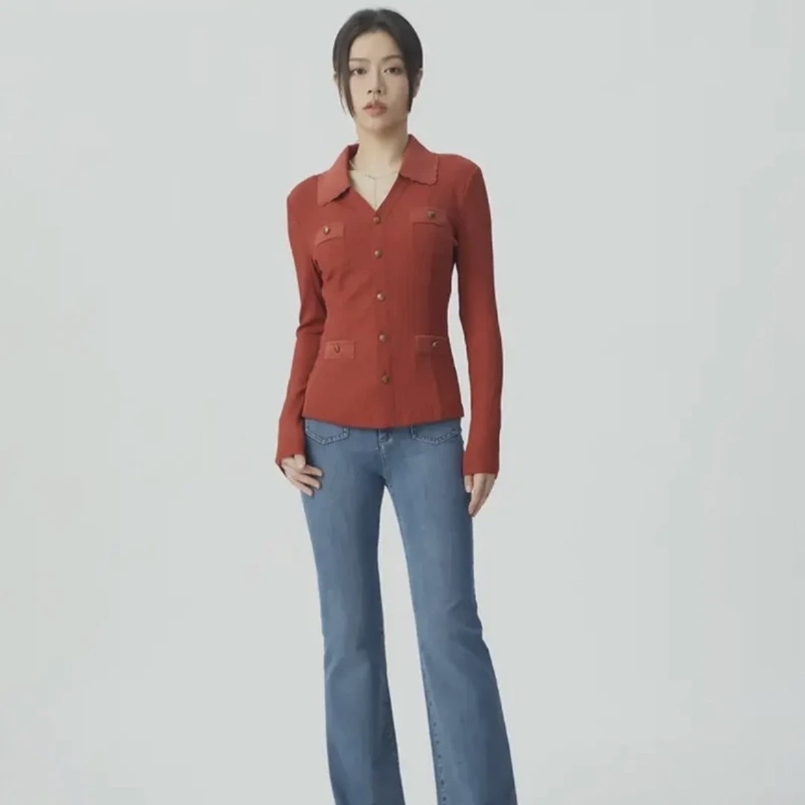 新款春装百搭通勤气质长袖 纯色修身翻领小香风村衫女1300952