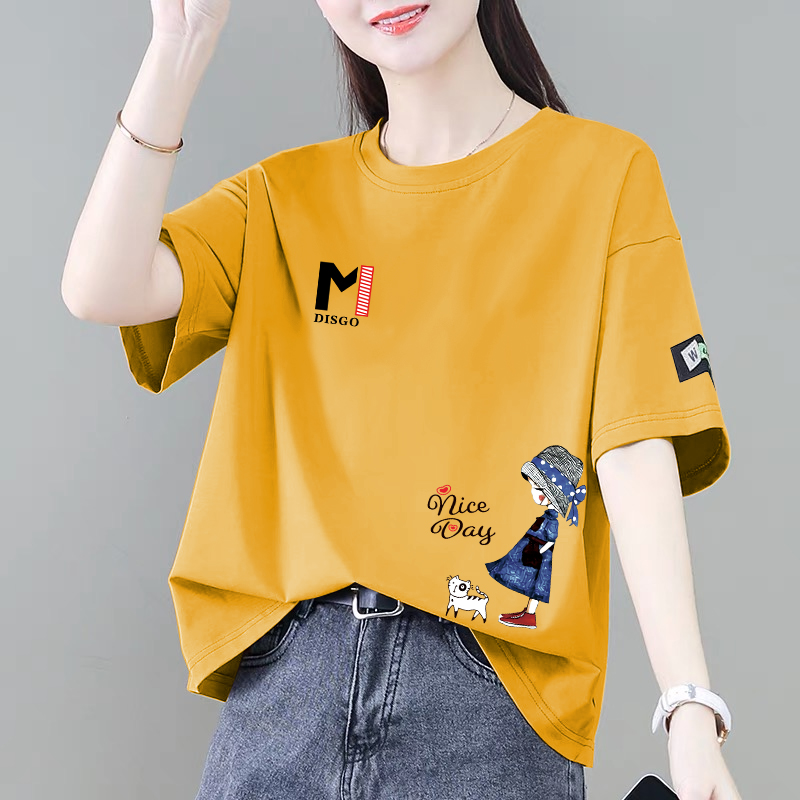 100%纯棉短袖t恤女夏季2025新款韩版时尚宽松洋气减龄百搭上衣ins