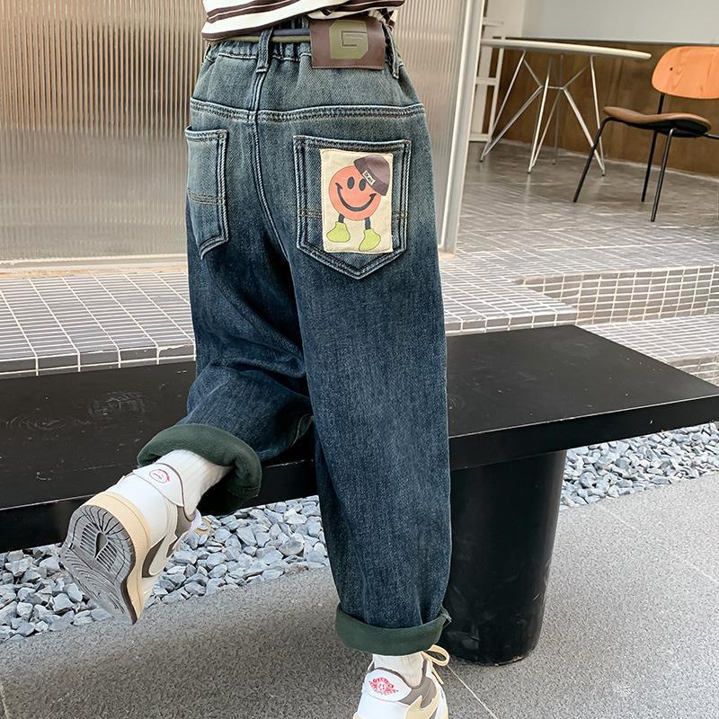 女童加绒裤子秋冬款2024新年儿童冬装牛仔裤男孩冬季加厚休闲裤