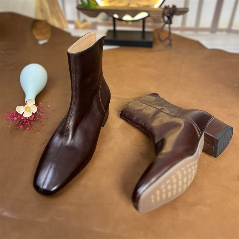 【头层水洗马皮】4cm跟高/气质百搭小方头后拉链简约高级时尚短靴