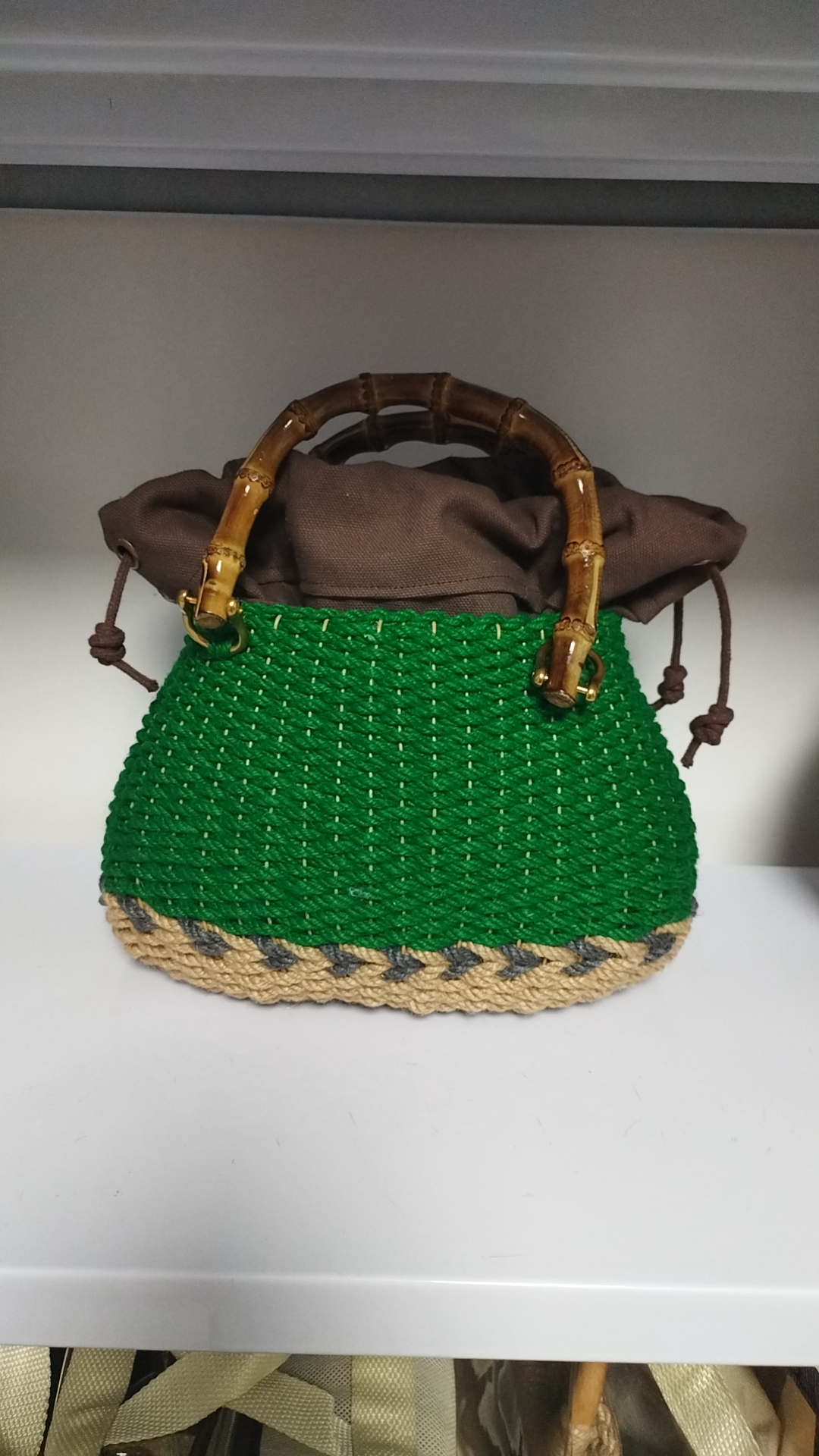 纯手工麻绳布艺聚财包