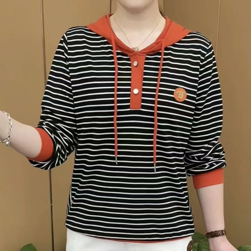 春季薄款长袖t恤女士连帽条纹上衣百搭宽松洋气大码减龄妈妈装