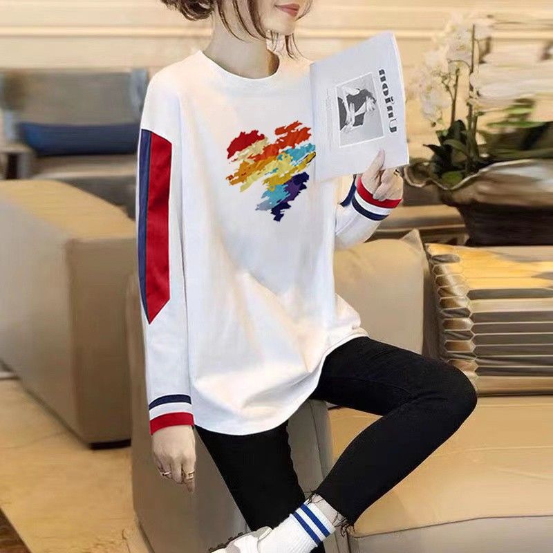 2023秋冬女打底衫时尚洋气中长款今年流行超火拼色上衣内搭T恤潮