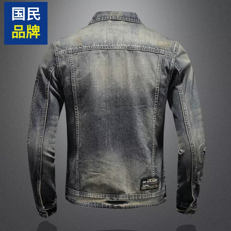 【小扬哥推荐】春秋季新款复古做旧机车牛仔夹克时尚潮牌翻领拼接