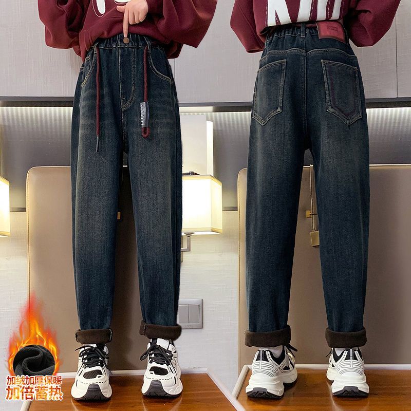 女童秋冬款裤子新款女孩洋气加绒牛仔裤儿童加厚加绒裤