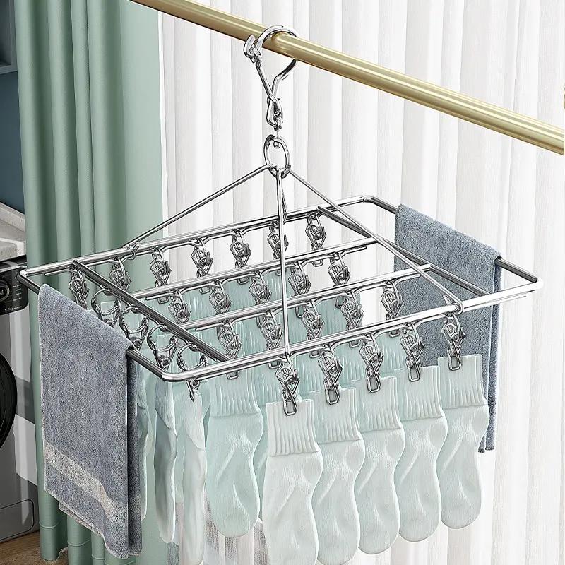 不锈钢多夹子防风衣架实心加粗家用袜夹晾衣架阳台晒内衣袜子神器