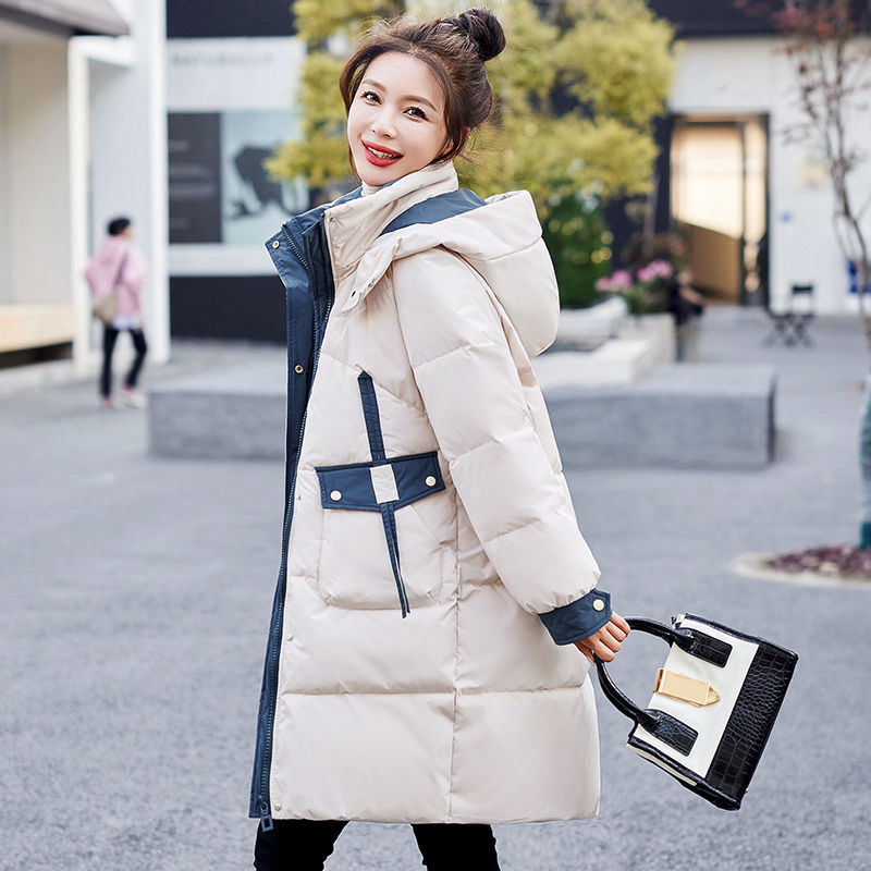 高端羽绒服羽绒保暖女中长款连帽冬季2024新款拼色洋气保暖韩系