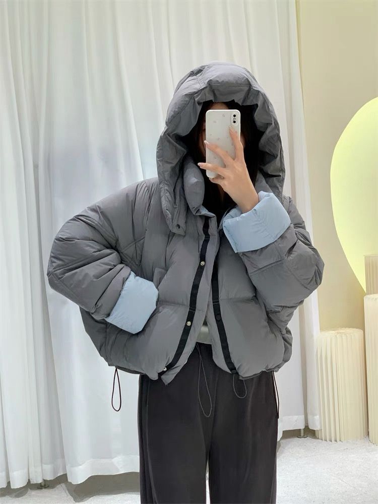 高端羽绒服欧货白鸭绒时尚面包服2024新款冬装韩版连帽拼色羽绒