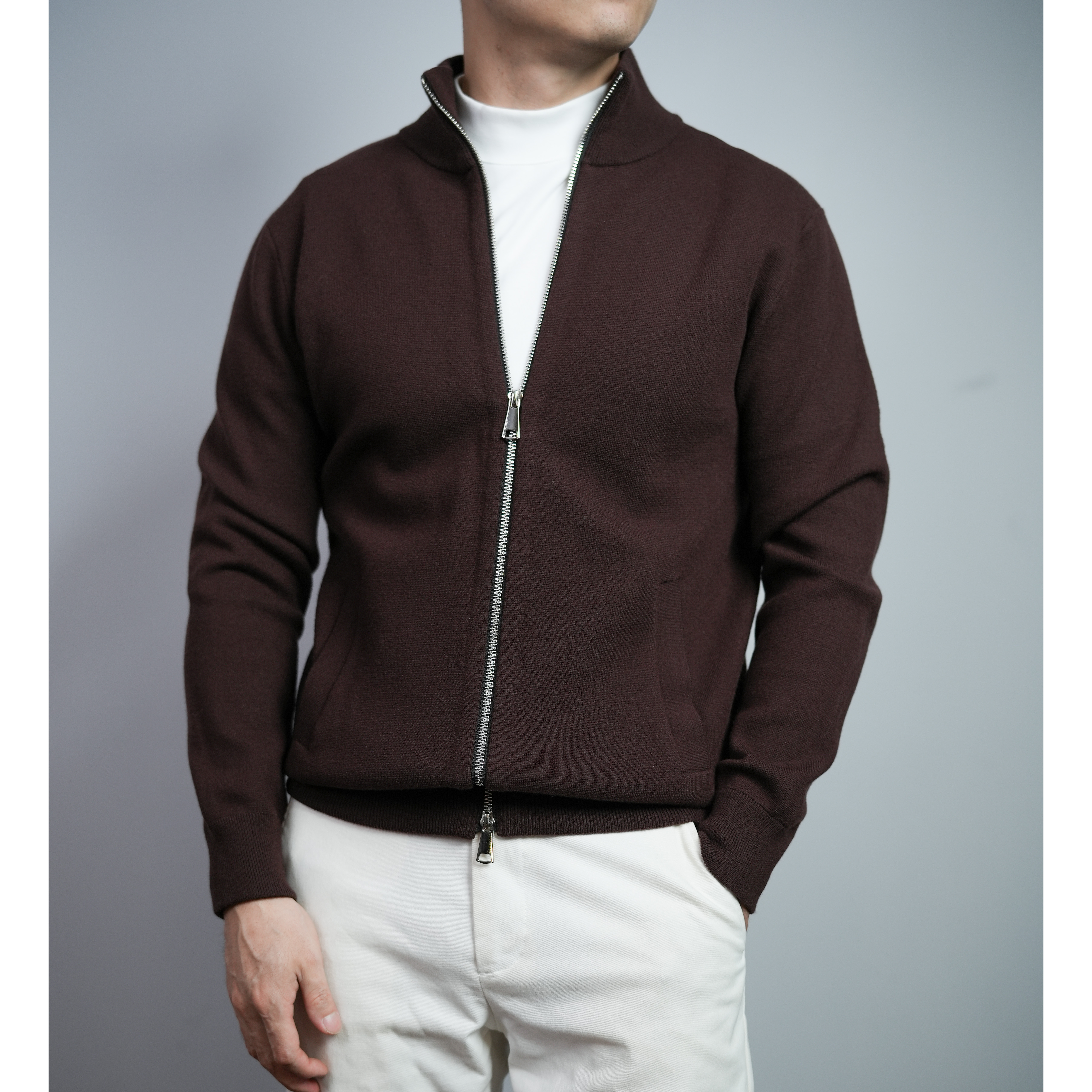 秋冬季高档精纺男士拉链半高立领毛衣针织开衫外套简约商务短袖