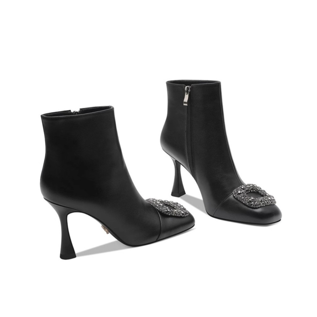 【手工女鞋】方头靴子女2025秋冬新款黑色真皮短靴小码33短靴女高跟