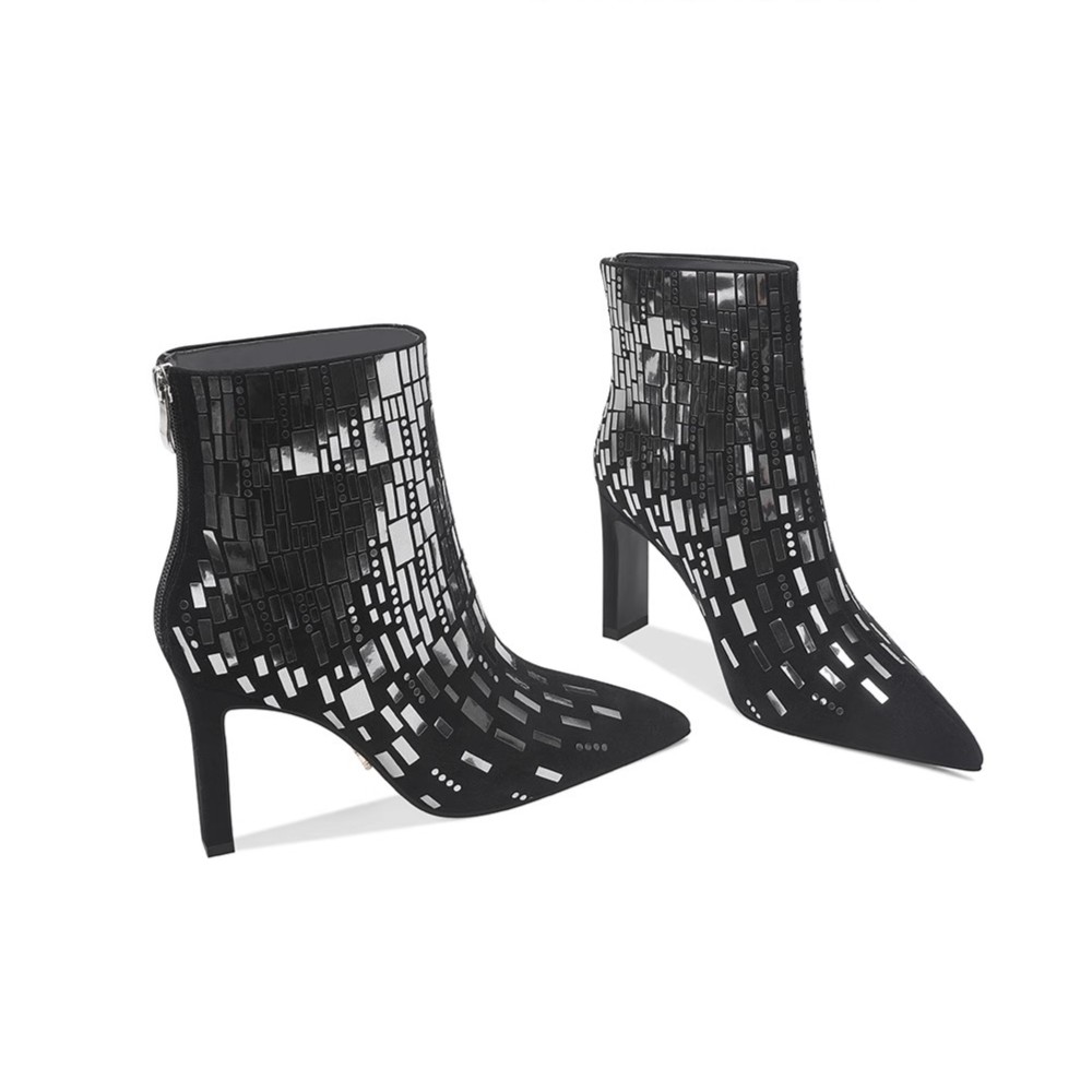 【手工女鞋】黑色羊猄皮冬季加厚女靴子时尚小众设计尖头小码短靴