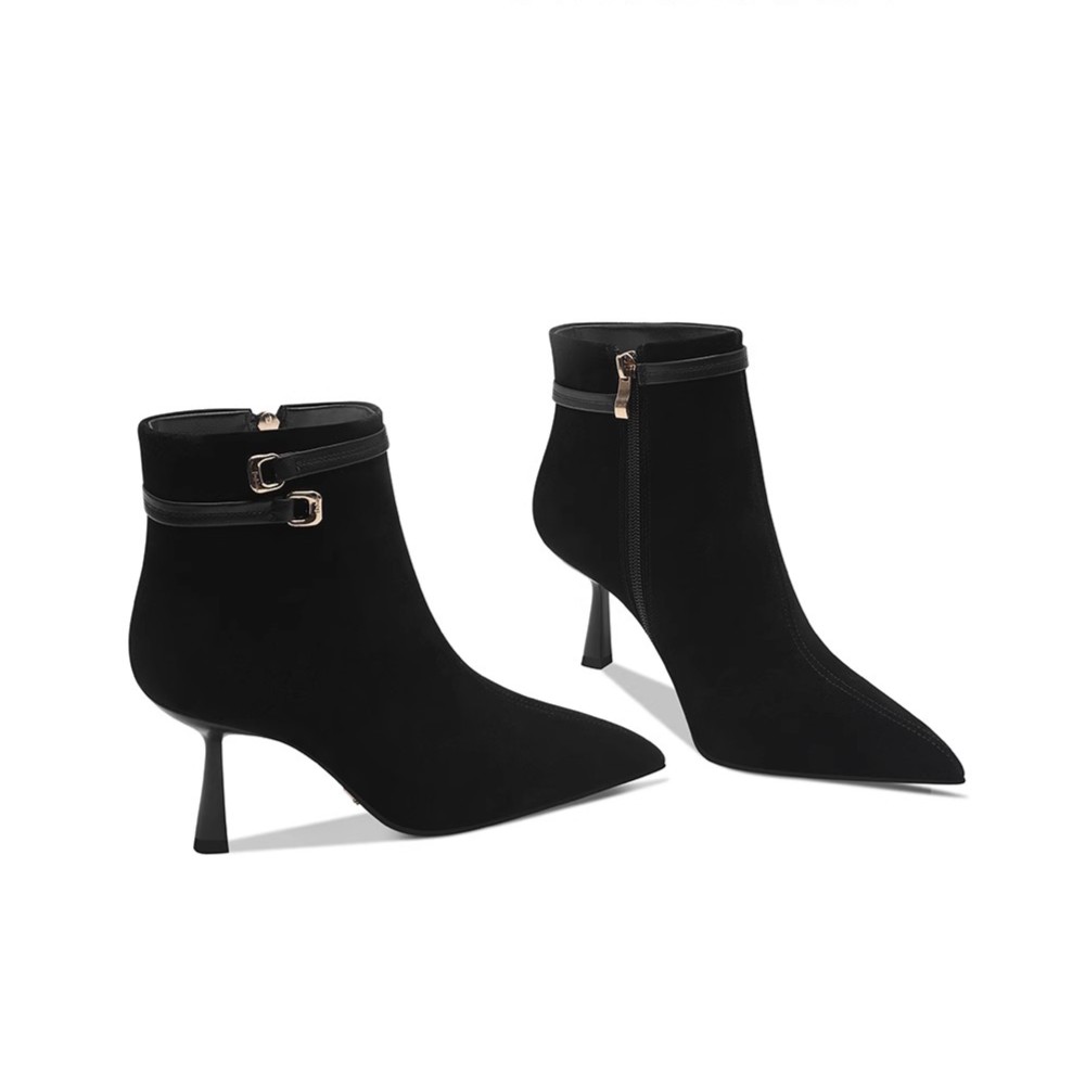 【手工女鞋】黑色尖头短靴冬季新款细跟加绒高跟鞋加绒靴子小码33