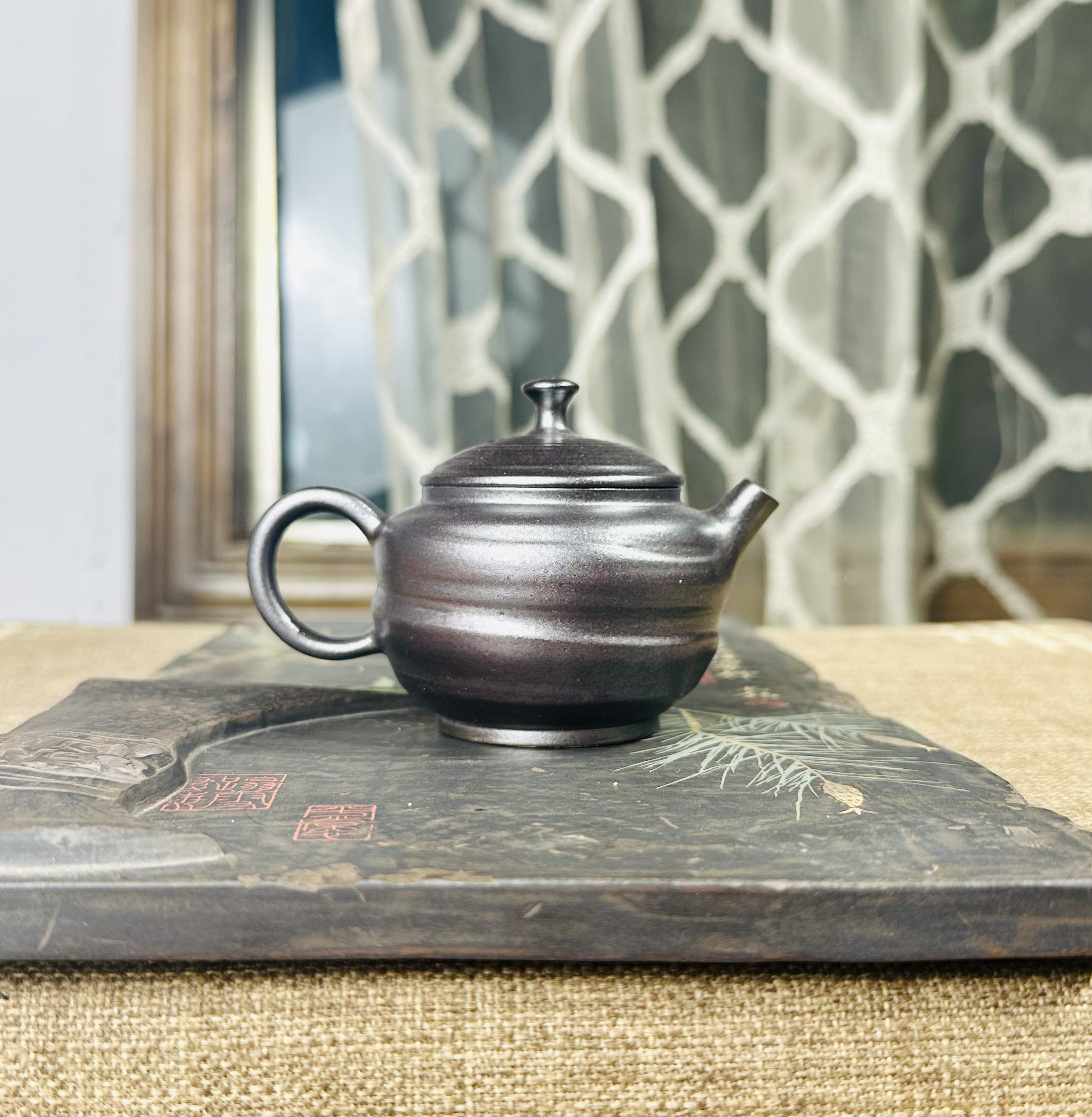 茶具茶壶建水紫陶智溢全手工电柴烧螺纹壶125cc（送一杯）