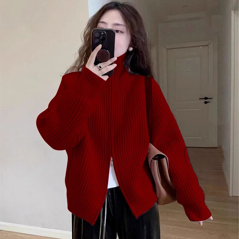 氛围感红色秋冬毛衣外套女春秋新款小个子新年针织开衫宽松慵懒