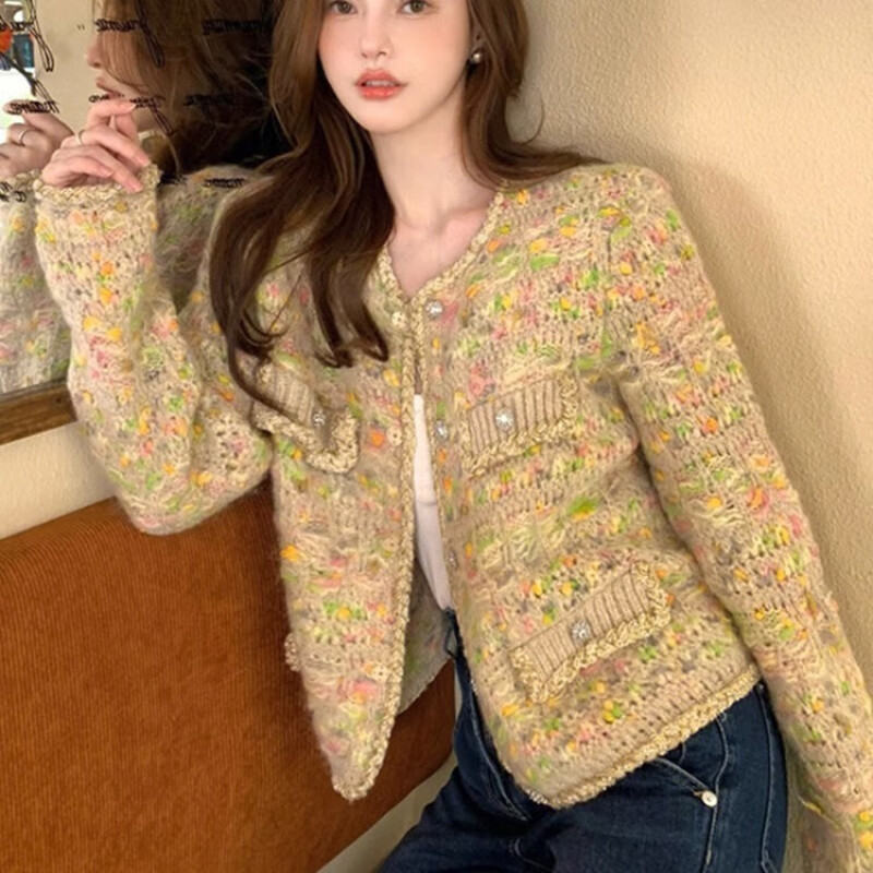 小香风外套女2025年新款春秋上衣针织慵懒风高级感小个子毛呢感外