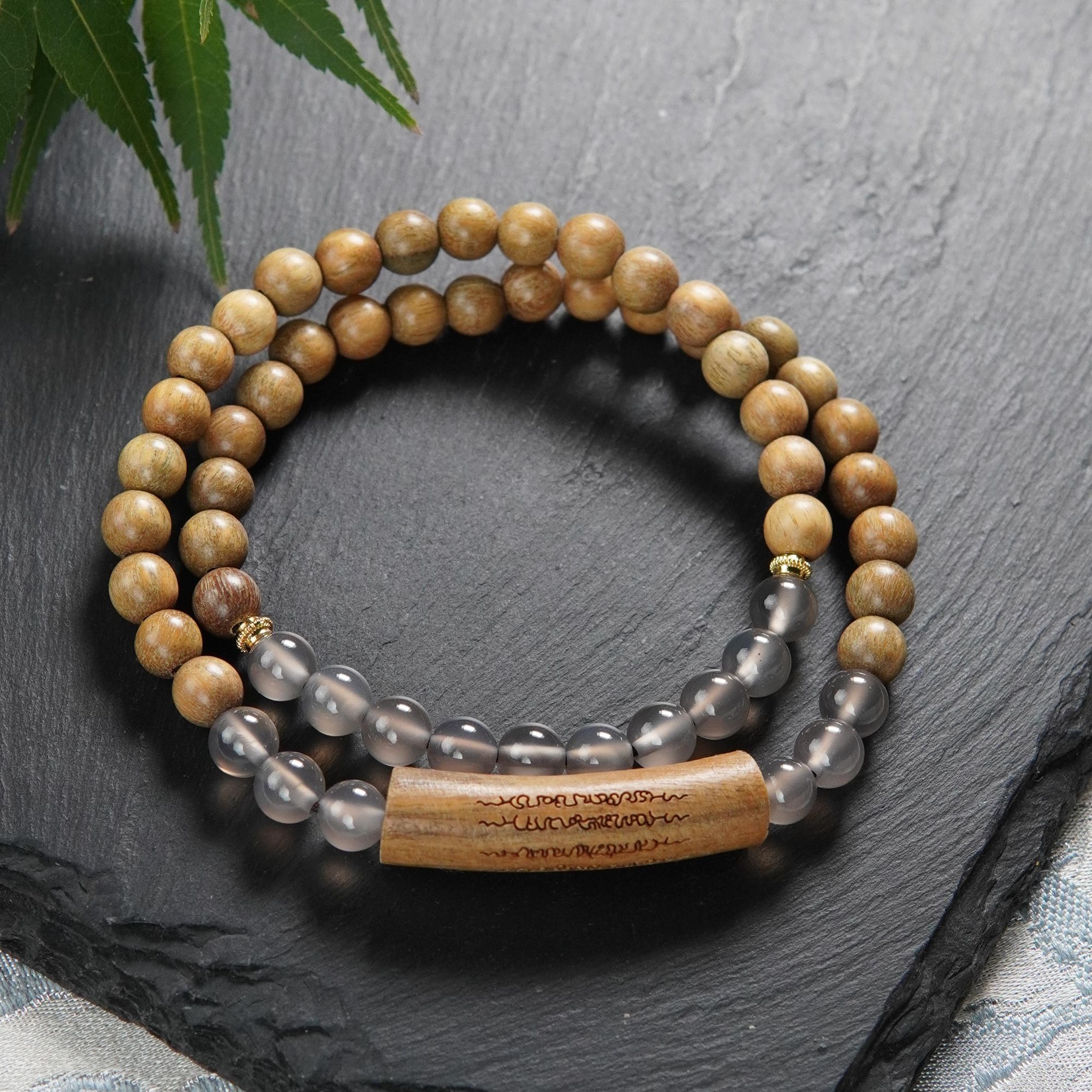 天然绿檀6mm圆珠半镯雕刻五条双圈手串