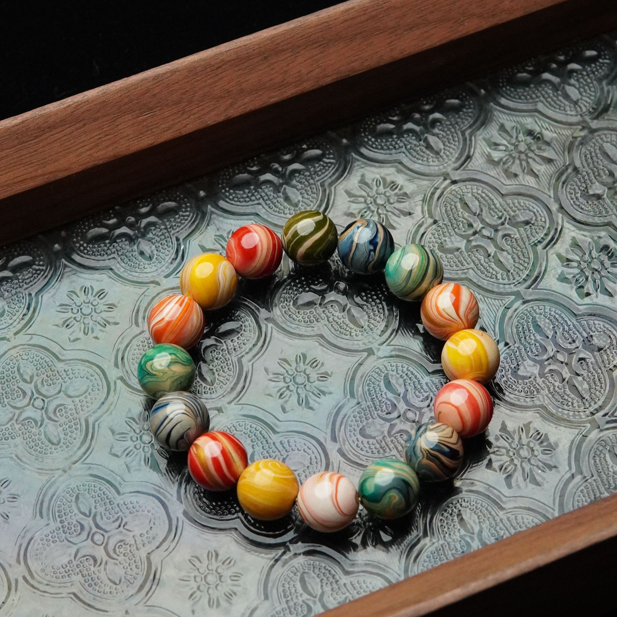 朝圣 多宝大漆珠配色12mm圆珠单圈手串 多样性发其一