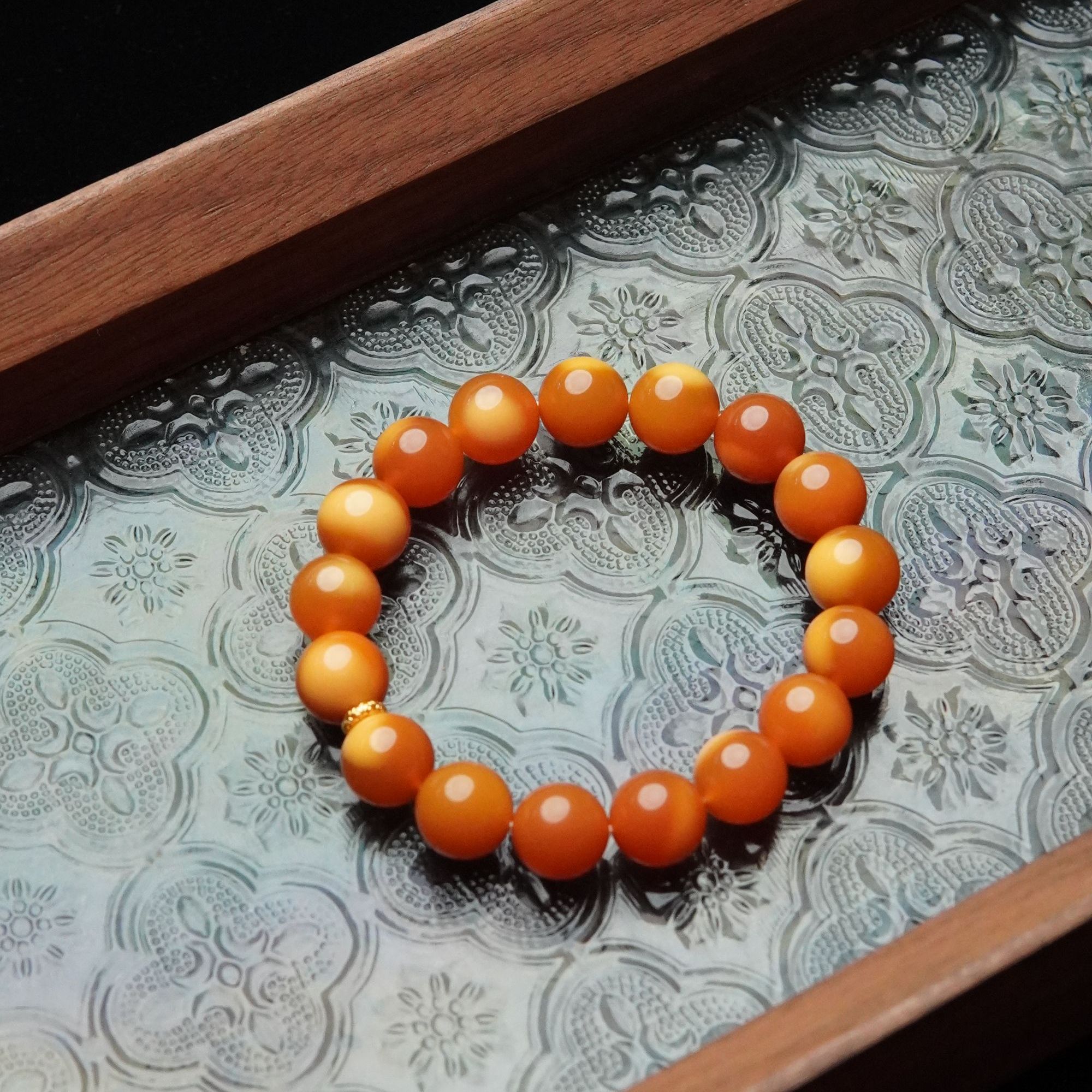 沙糖桔 天然流心缅黄玉11mm圆珠18k单圈手串