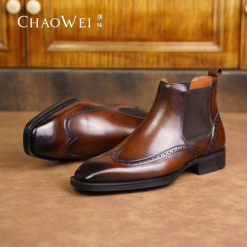 CHAOWEI潮味X877系列K31防滑稳步套脚英伦风时尚小方头切尔西靴