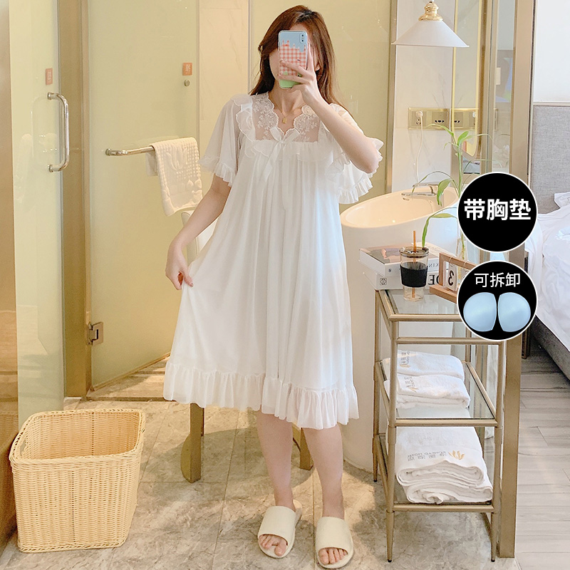夏季中长款睡裙女甜美薄款公主风短袖大码家居服纯欲蕾丝网纱睡衣