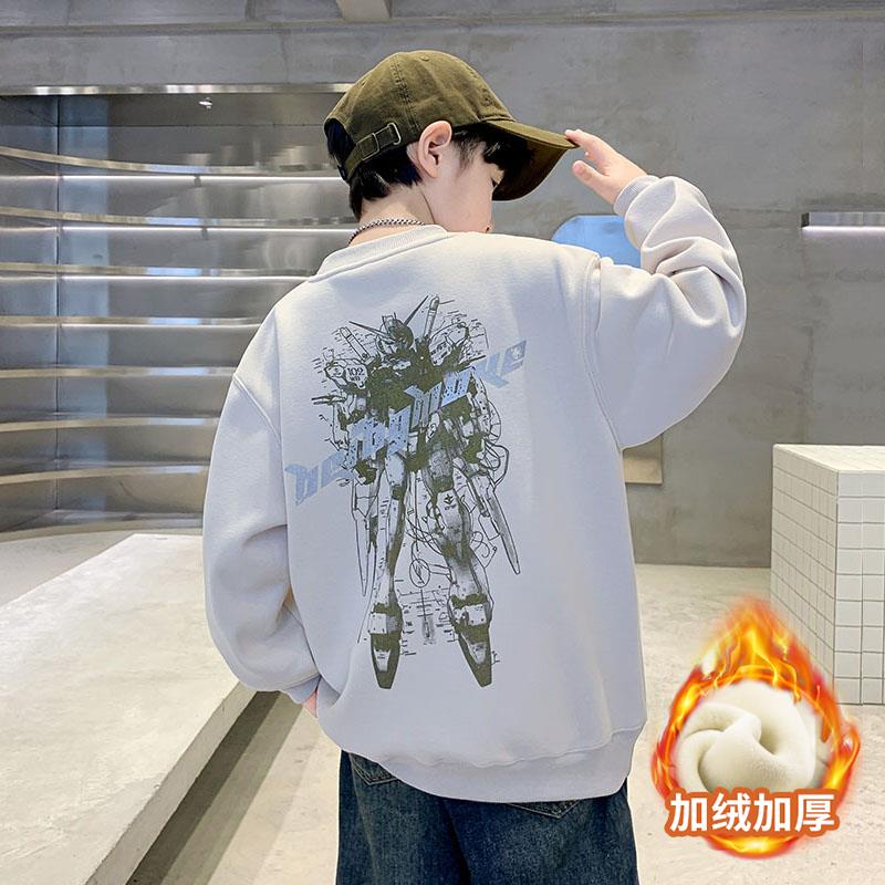 男童冬季加绒卫衣2024新中大童加厚一体绒冬装儿童保暖打底衫内搭