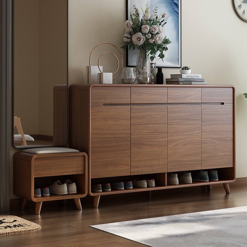 鞋柜家用门口带换鞋凳实木框新中式储物柜玄关柜大容量入户可坐式