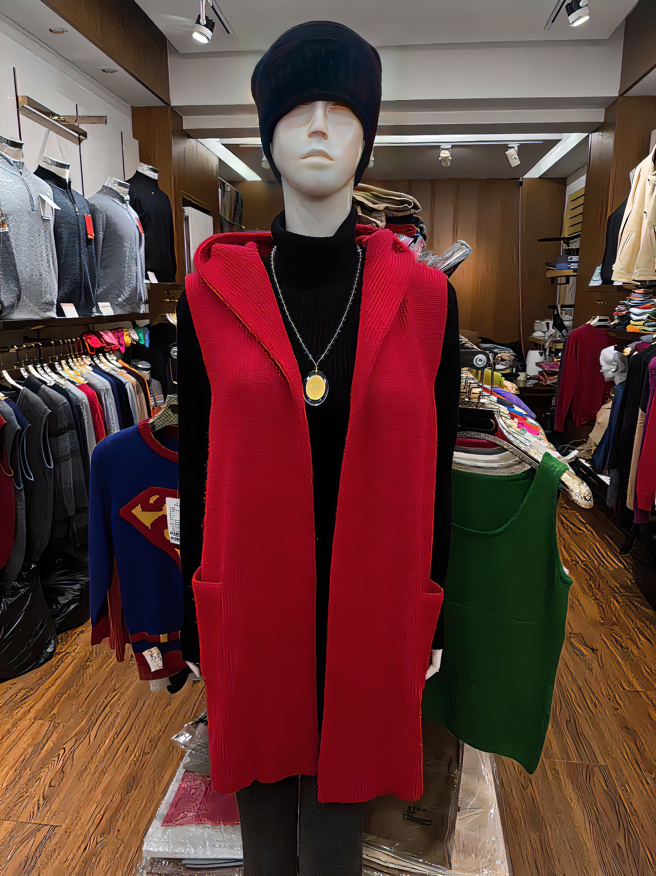 加厚连帽坎肩外套女士保暖时尚针织羊绒三色可选中长款高领休闲