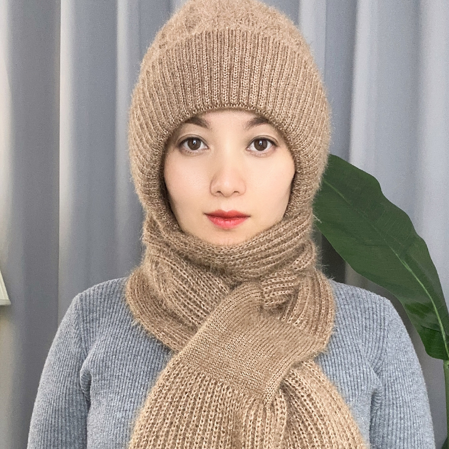 帽子秋冬季保暖女毛线帽加绒加厚围巾一体编织风雪帽子针织防寒