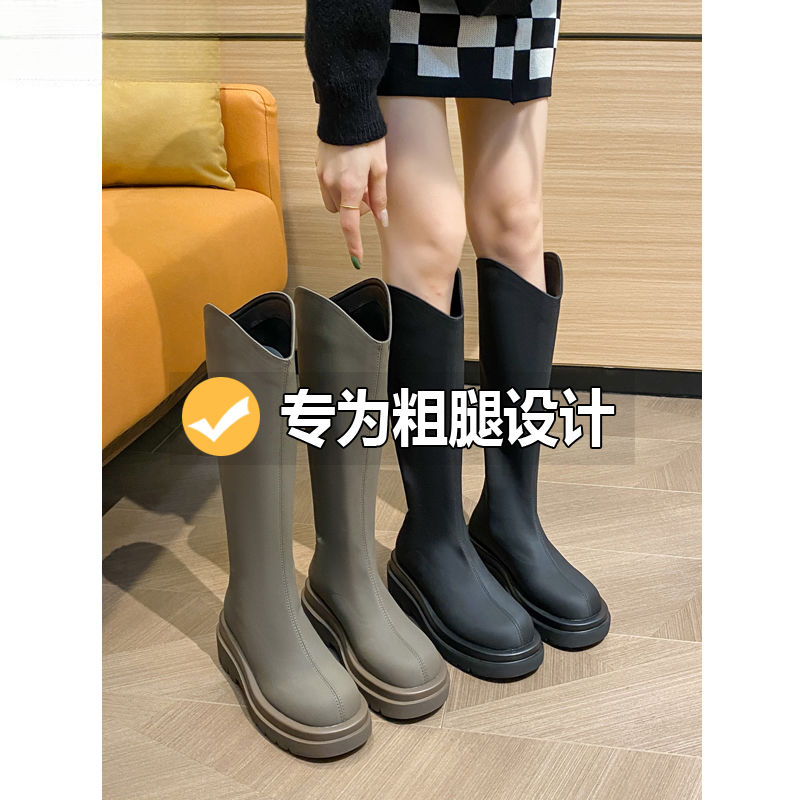 骑士靴女2023新款英伦风加宽长筒靴粗腿胖mm不过膝大码厚底高筒靴
