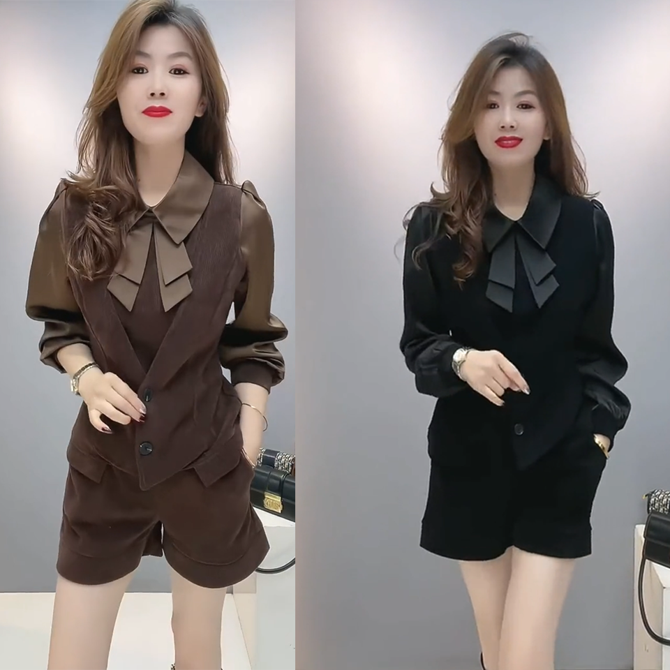 时尚长袖加绒套装女2025冬新款洋气百搭显瘦蝴蝶结上衣＋短裤套装A