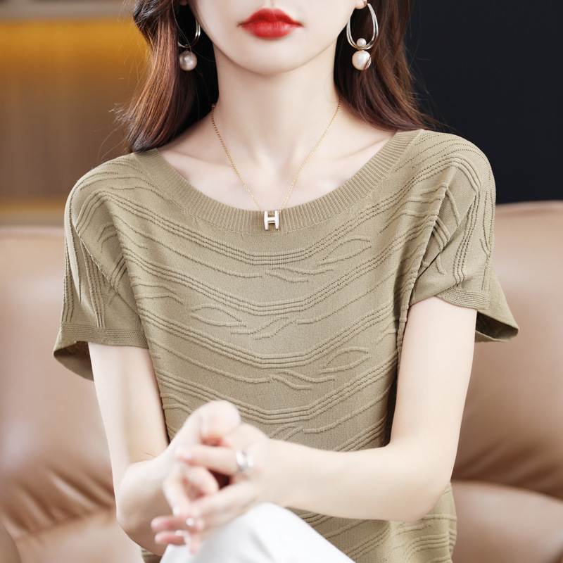 薄款冰丝短袖t恤女宽松夏季2024新款女装百搭显瘦纹理针织衫上衣