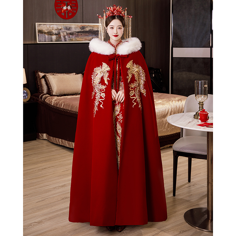 新娘秀禾服披风斗篷结婚中式婚礼敬酒服外搭冬季加棉加厚保暖红色