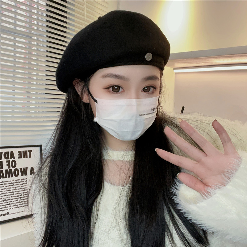 网红时髦小圆标气质羊毛贝雷帽女显脸小秋冬高品质保暖画家帽冬季