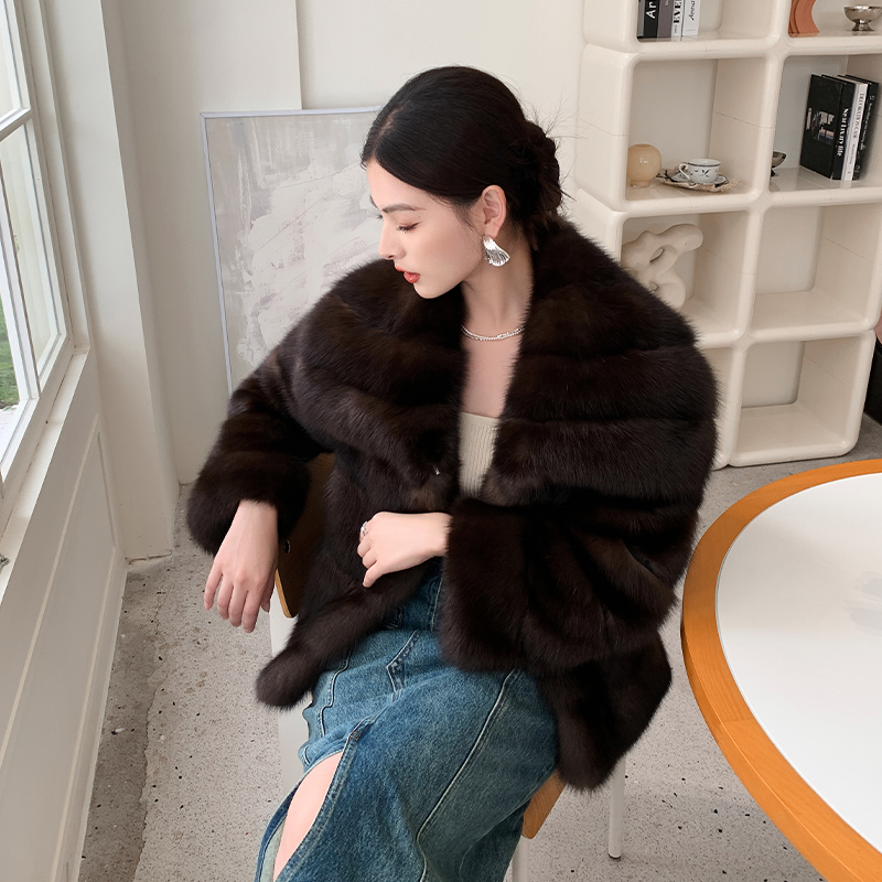 俄罗斯进口农夫色紫貂皮草外套女貂皮大衣气质天使之翼大翻领短款