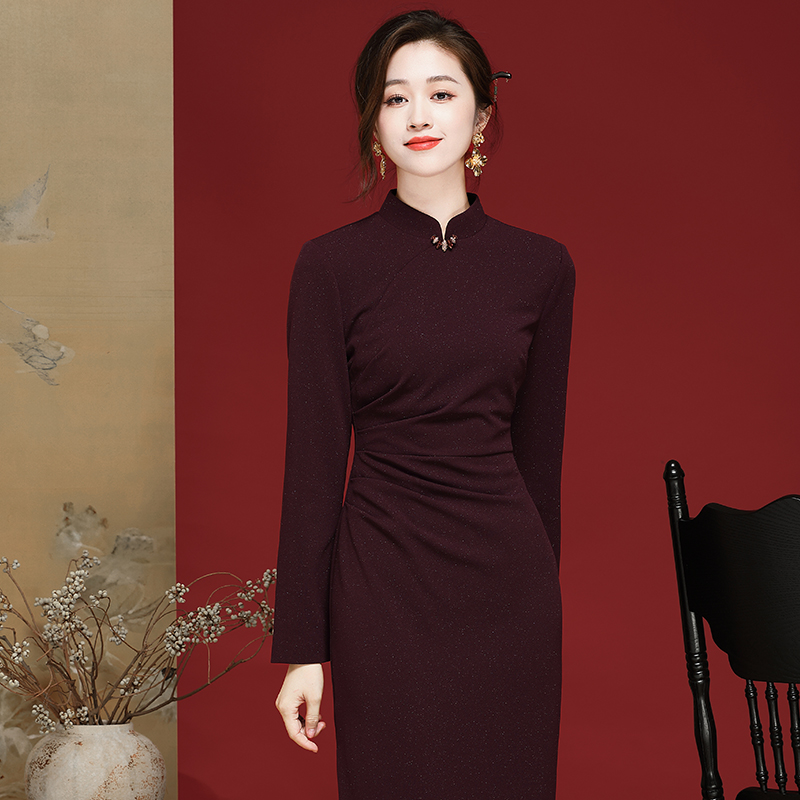 杜若紫旗袍秋季新款复古中国风弹性日常改良连衣裙24381