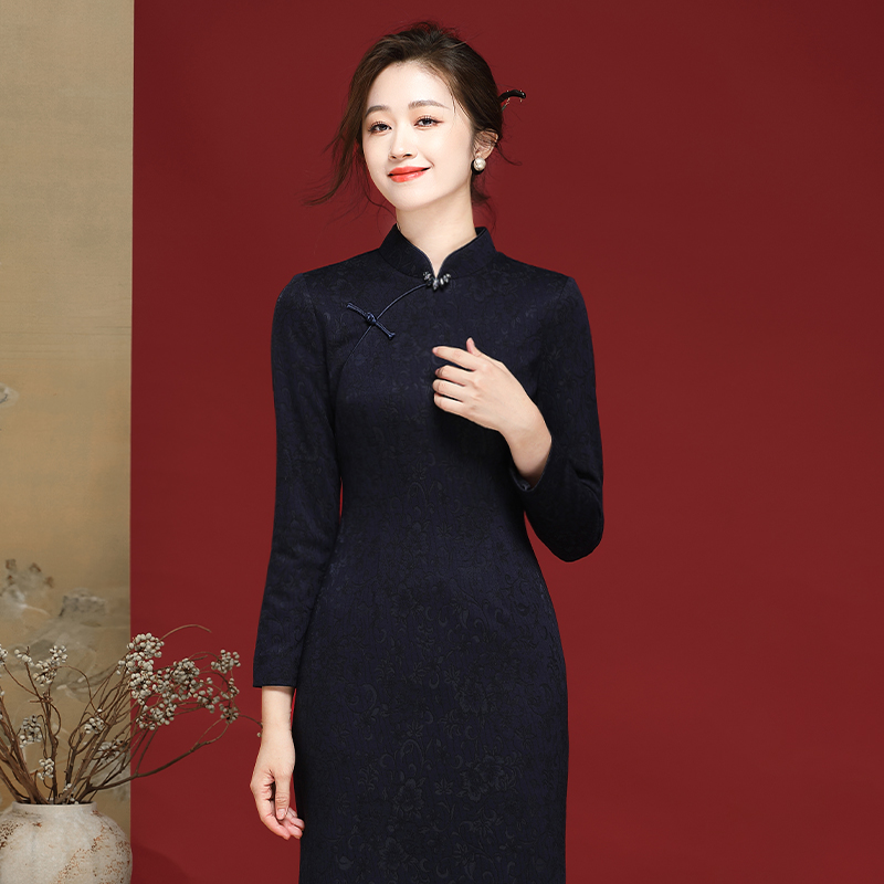 经典深蓝色旗袍秋冬季新款优雅中国风针织长袖改良妈妈装24335