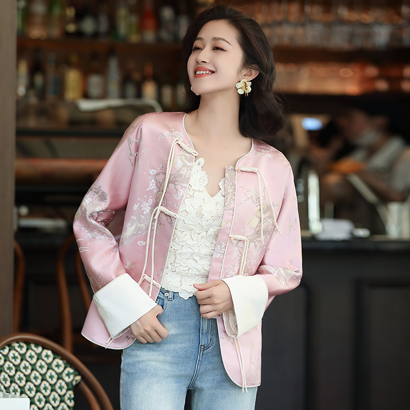 新中式中国风短外套秋季新款复古粉色气质提花改良百搭