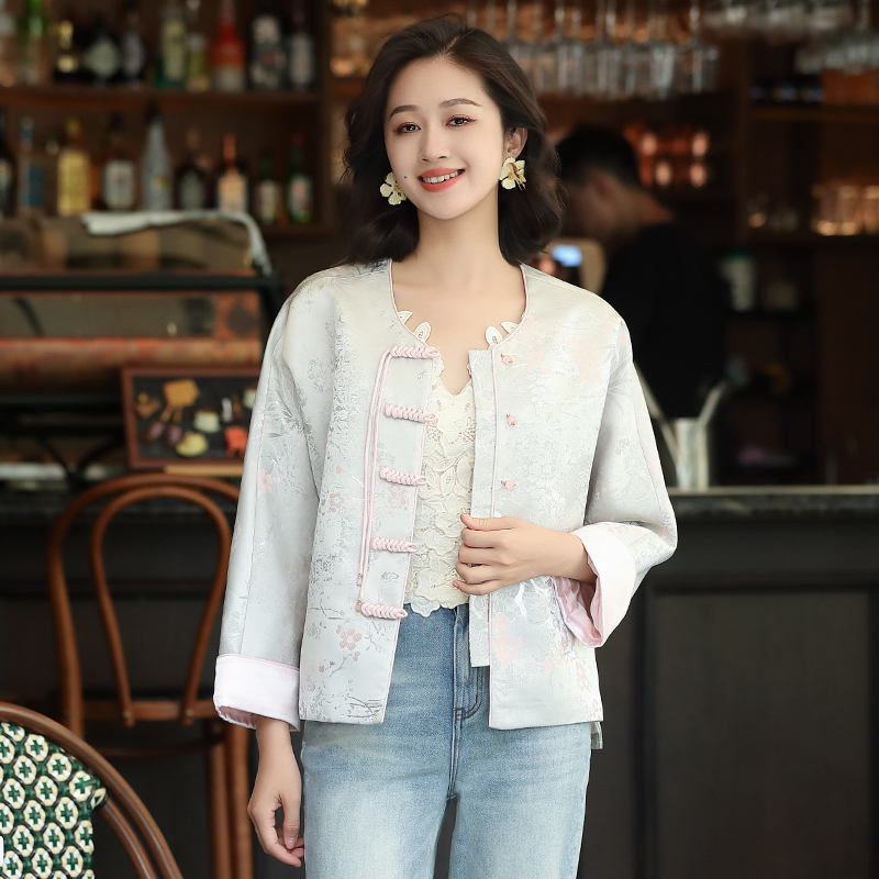 新中式短外套秋装新款女复古中国风轻奢银色提花气质百搭款