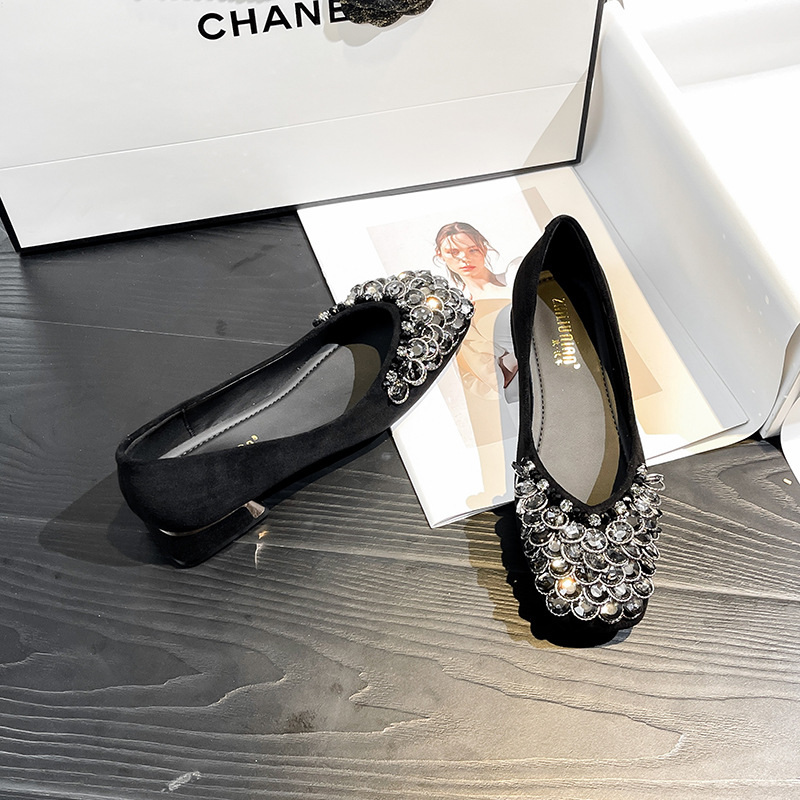 新中式2024方头单鞋粗跟中跟手工串珠女鞋时尚百搭绒面女鞋