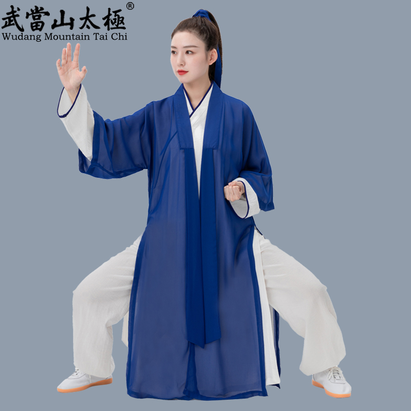 2024新款披纱长袍太极服武术表演服道袍轻盈飘逸男女演出服披肩款