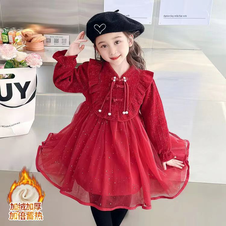 加绒连衣裙女童冬季纱裙2023新款中国风儿童洋气女孩长袖