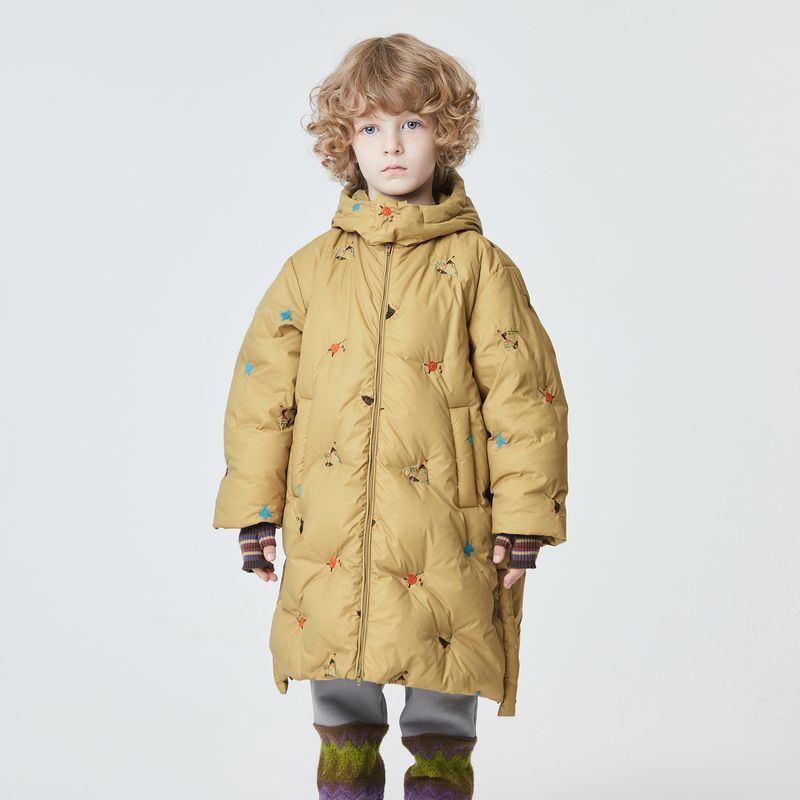 刺绣风童装羽绒服幼儿园长款90白鸭绒连帽宝宝冬季加厚中