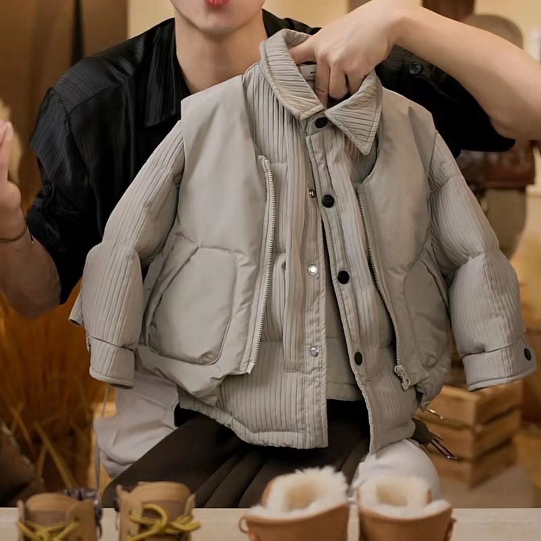 男童棉服套装2023冬季新款男宝宝帅气韩版加厚夹棉衬衫坎