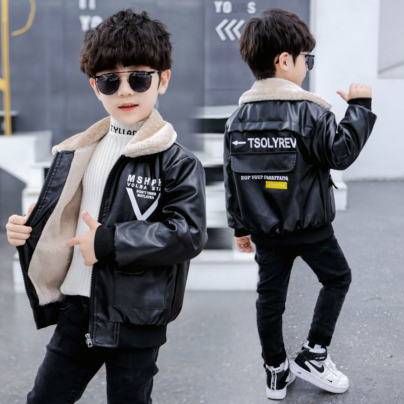 男童皮衣外套童装2023新款儿童秋冬加绒加厚皮夹克中大童